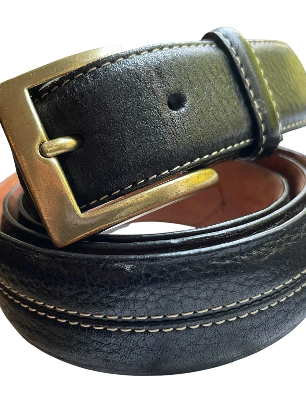 VTG Cole Haan Pebbled Leather Topstitched Belt Black Men's Sz 44 Brass BUCKLE